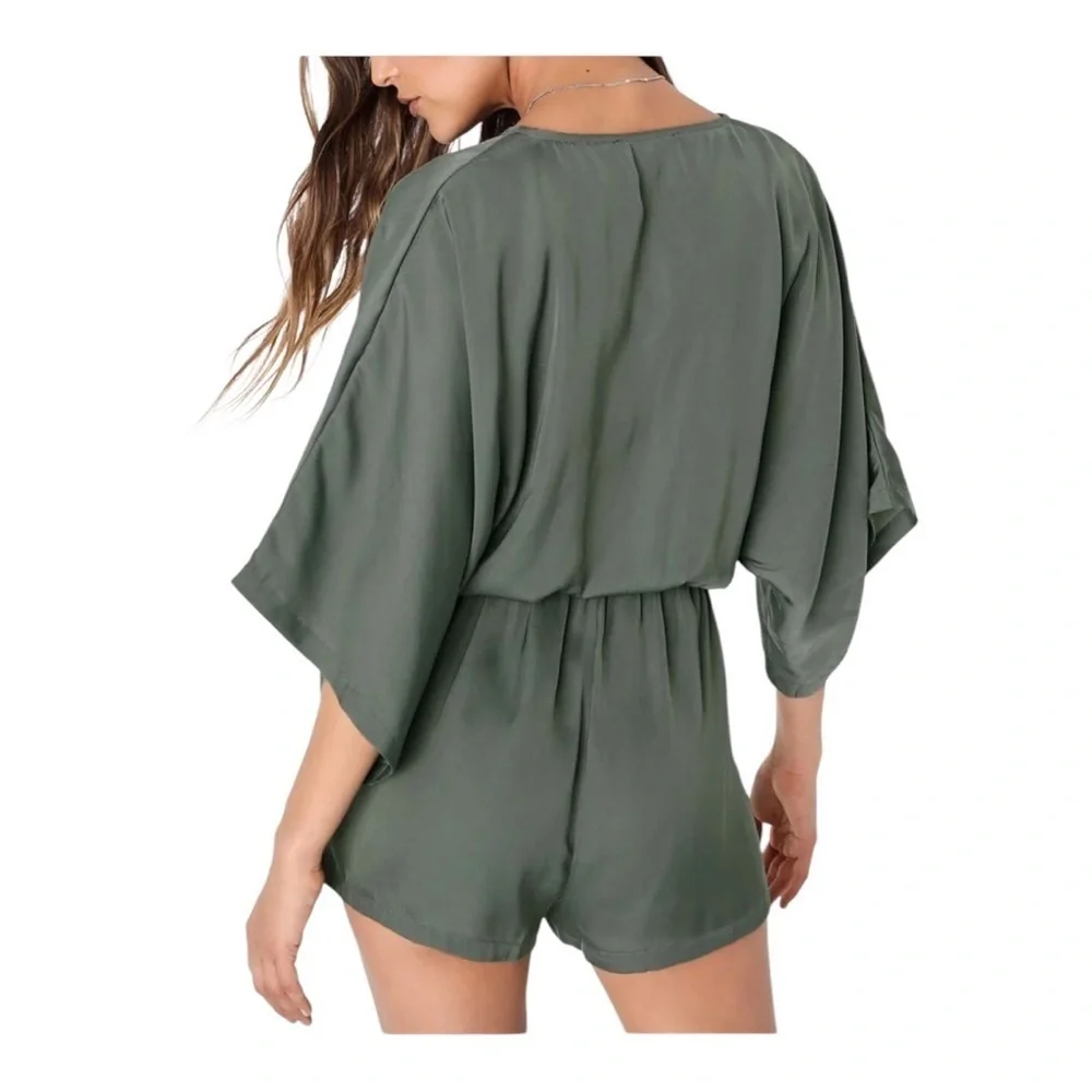 Lulu’s Woman’s Ain't It Grand Olive Green Satin Surplice Romper Size M/L - Picture 3 of 16